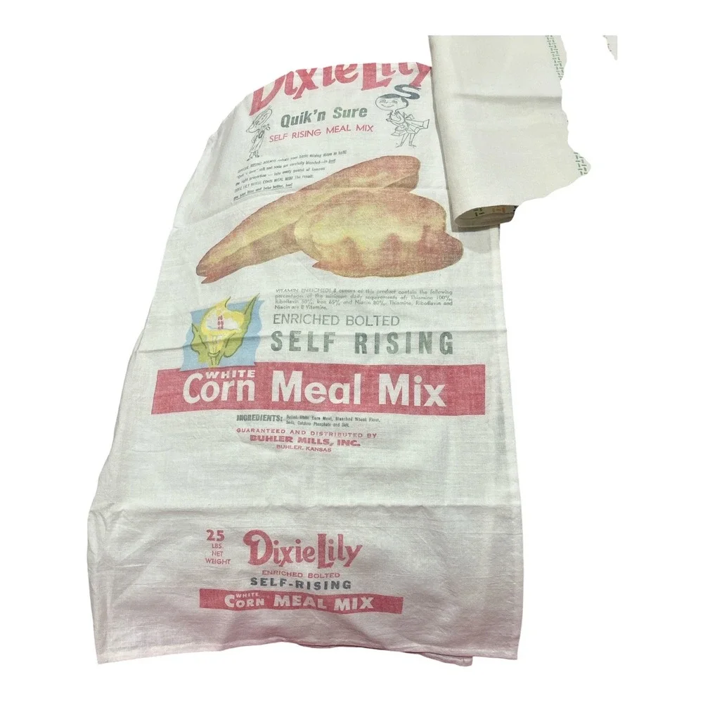 Vintage Dixie Lily White Corn Meal Mix 25 Lb Cloth Feed Sacks Buhler Mills 4 pc